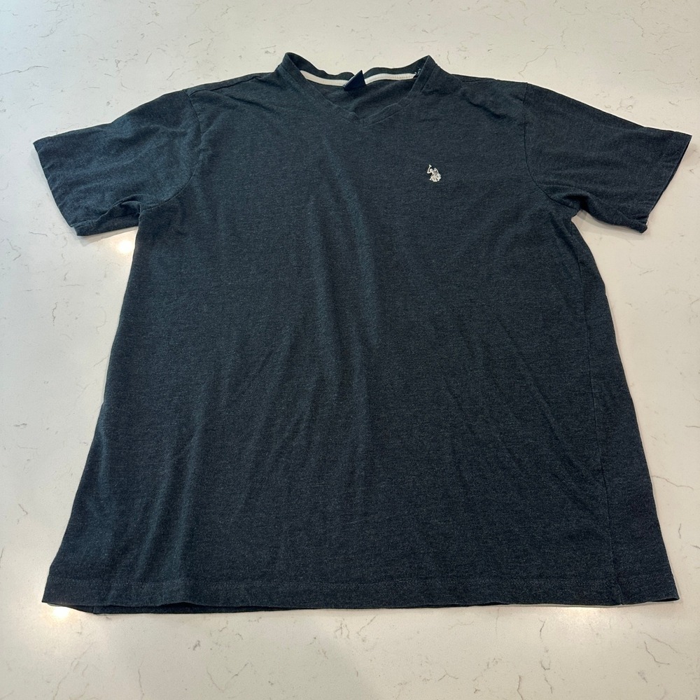 US Polo Assn Mens V-Neck T-Shirt Charcoal Gray Heather Short Sleeve Large